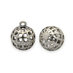 Brass Round Pendants, Hollow, Nickel Free, Antique Silver, 16x13mm, Hole: 2mm(KK-J186-05AS-NF)