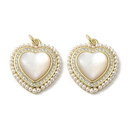 Brass Pave Shell Pendants, Heart Charms with ABS Imitation Pearl and Crystal Rhinestone, Real 18K Gold Plated, 21x18x2mm, Hole: 3x5mm(KK-I708-15B-G)