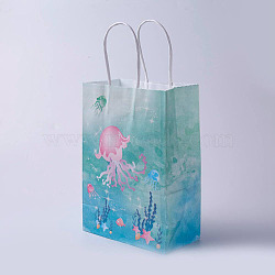 kraft Paper Bags, with Handles, Gift Bags, Shopping Bags, Ocean Theme, Rectangle, Medium Turquoise, 27x21x10cm(CARB-E002-M-C01)