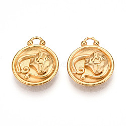304 Stainless Steel Pendants, Flat Round with Twelve Constellations Charms, Real 18K Gold Plated, Ion Plating(IP), Virgo, 20.5x17x3~4.5mm, Hole: 2.5x2.7mm(STAS-N109-148G-06)