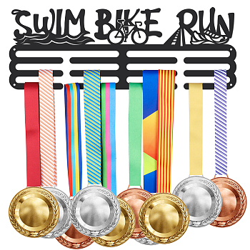 Fashion Iron Medal Hanger Holder Display Wall Rack, 3 Line, with Screws, Triathlon Sports Theme, Word Swim Bike Run, Black, 150x400mm