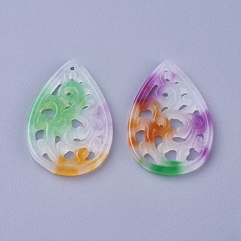 Carved Natural White Jade Pendants, Dyed, Teardrop, Colorful, 25x17x1~3mm, Hole: 1mm