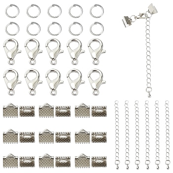 50 Pieces DIY Ribbon Ends Making Kits, Including Iron Ribbon Crimp Ends & Unsoldered Jump Rings, Zinc Alloy Lobster Claw Clasps, Brass Chain Extenders, Platinum, 8x8mm