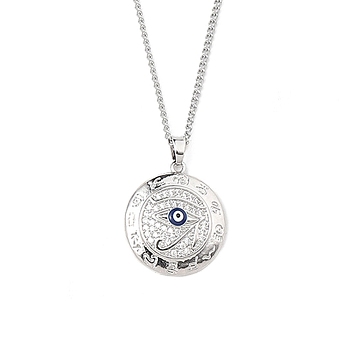 Brass Micro Pave Cubic Zirconia Pendant Necklaces,  201 Stainless Steel Chains Necklaces, Evil Eye, 23.62 inch(60cm), Flat Round: 23x20.5mm