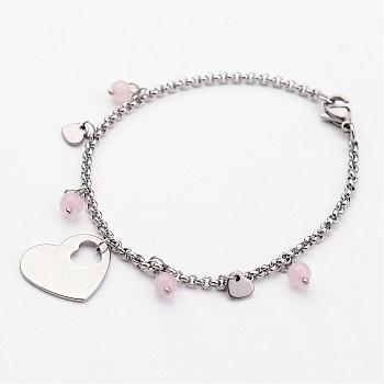 304 Stainless Steel Bracelets, with Natural Rose Quartz and Heart Pendants, Stainless Steel Color, 7-1/4 inch(185mm)