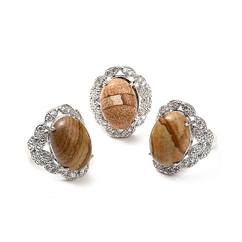 Natural Picture Jasper Adjustable Rings, Platinum Tone Oval Brass Rings for Women, Cadmium Free & Lead Free, US Size 7 3/4(17.9mm), 3.5~5mm