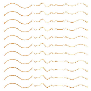 AHADERMAKER 30Pcs 3 Styles Rack Plating Brass Connector Charms, Long-Lasting Plated, Cadmium Free & Lead Free, Curve S-Shapes, Real 14K Gold Plated, 30~40x4.5~7x1mm, Hole: 0.8~1.2mm, 10pcs/style