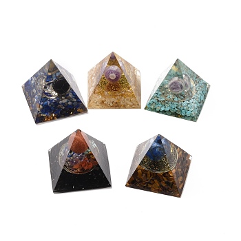 Orgonite Pyramid, Resin Pointed Home Display Decorations, with Natural Gemstone and Metal Findings, 52x50x49mm