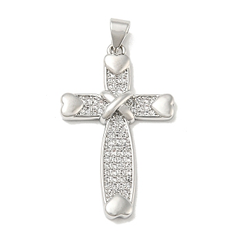 Rack Plating Brass Micro Pave Cubic Zirconia Pendants, Long-Lasting Plated, Lead Free & Cadmium Free, Cross Charms, Religion, Platinum, 33x20x3.5mm, Hole: 5x3mm