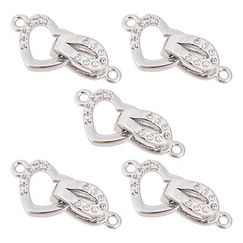 5 Sets Brass Micro Pave Clear Cubic Zirconia Fold Over Clasps, Heart, Real Platinum Plated, 18mm, Heart: 8x11x1.5mm, Clasp: 10.5x4x5mm, Hole: 1.2mm