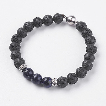 Natural Lava Rock Beads Stretch Bracelets, with Synthetic Blue Goldstone and Magnetic Clasp, 7-1/2 inch(190mm)
