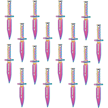 24Pcs Rainbow Color Alloy Pendants, Sword, Rainbow Color, 39x9.5x4.5mm, Hole: 1.2mm