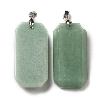 Natural Green Aventurine Pendants, Faceted Rectangle Charms, with Platinum Plated Brass Snap on Bails, Lead Free & Cadmium Free, 40~41x20~21x6~9mm, Hole: 4.3x3.8mm