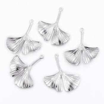 304 Stainless Steel Pendants, Ginkgo, Stainless Steel Color, 29x25x2mm, Hole: 1mm