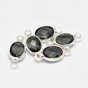 Oval Faceted Silver Color Plated Brass Glass Links connectors, Dark Slate Gray, 15x6.5x3.2mm, Hole: 1mm