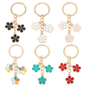 2 Sets Alloy Enamel Keychain, with Iron Split Key Rings and Brass Open Jump Rings, Flower, 1Pc Rectangle Velvet Pouches, Mixed Color, 7cm, Pendant: 49x30mm, 6pcs/set, 2 sets