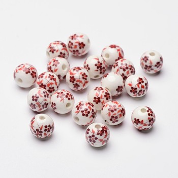 Handmade Printed Porcelain Beads, Round, Red, about 12mm in diameter, hole: 3mm