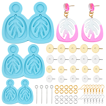 Olycraft DIY Leaf Dangle Stud Earrings Silicone Molds, Resin Casting Molds, For UV Resin, Epoxy Resin Jewelry Making, with Brass Earring Hooks and Jump Rings, Deep Sky Blue, Molds: 6pcs/set, Earring Hooks: 40pcs/set