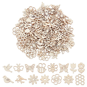 150Pcs Unfinished Wood Cutouts, Brid & Flower & Bee, BurlyWood, 14~25x15.5~24.5x1.5~1.7mm