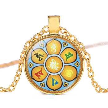 7 Chakra Glass Pendant Necklace, Yoga Theme Alloy Jewelry for Women, Golden, 50~55cm