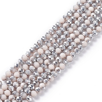 Electroplate Opaque Glass Beads Strands, Half Silver Plated, Faceted, Rondelle, Misty Rose, 8x6mm, Hole: 1mm, about 65~68pcs/strand, 15.7~16.1 inch(40~41cm)