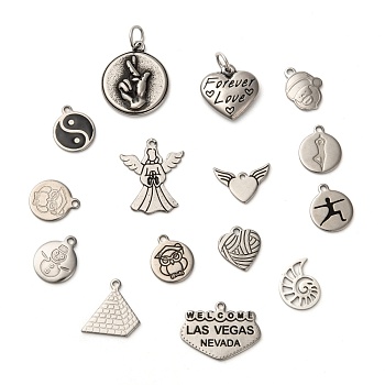 304 Stainless Steel Pendants, with Enamel, Mixed Shapes, Stainless Steel Color, 9~27x9.5~22x1~4.5mm, Hole: 1~5mm