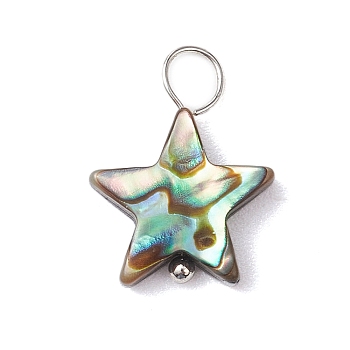 Natural Abalone Shell/Paua Shell Pendants, with Silver Color Plated Brass Loops, Star, 16.5x12.5x3.5mm, Hole: 4mm