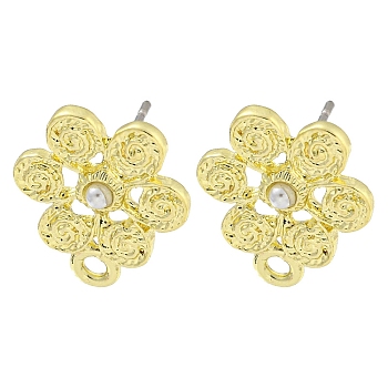 Rack Plating Alloy Stud Earring Finding, with  ABS Imitation Pearl, Cadmium Free & Nickel Free & Lead Free, Flower, 16x13.5mm, Hole: 1.5mm, Pin: 10.5x0.5mm