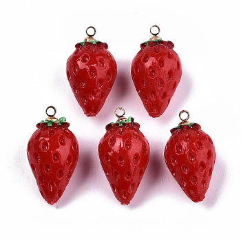 Resin Pendants, with Golden Plated Brass Peg Bails, Strawberry, Red, 20~21x11x11mm, Hole: 1.5mm
