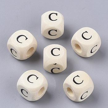 Printed Natural Wood Beads, Horizontal Hole, Cube with Initial Letter, PapayaWhip, Letter.C, 10x10x10mm, Hole: 3.5mm, about 1000pcs/500g