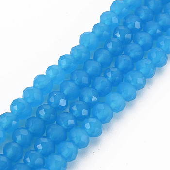 Glass Beads Strands, Imitation Jade, Faceted, Rondelle, Deep Sky Blue, 6x5mm, Hole: 1mm, about 85~88pcs/strand, 16.1~16.5 inch(41~42cm)