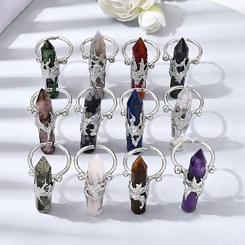Natural & Synthetic Gemstone & Brass Cuff Rings for Women, Platinum, Pointed Cone Column, 41~47x9.5~11.5mm, Inner Diameter: 18~19mm