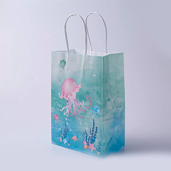 kraft Paper Bags, with Handles, Gift Bags, Shopping Bags, Ocean Theme, Rectangle, Medium Turquoise, 27x21x10cm