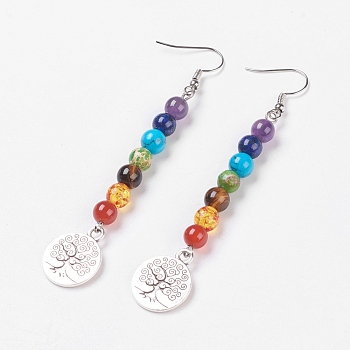 Chakra Jewelry, Mixed Stone & Resin Dangle Earrings, with Alloy and Brass Earring Hooks, Tree of Life, 85.5mm, Pin: 0.6mm