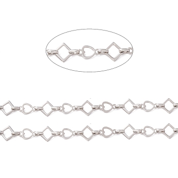 304 Stainless Steel Rhombus & Heart Link Chains, Unwelded, Stainless Steel Color, Rhombus: 13.5x13.5x1.5mm, Heart: 16x9.5x1mm
