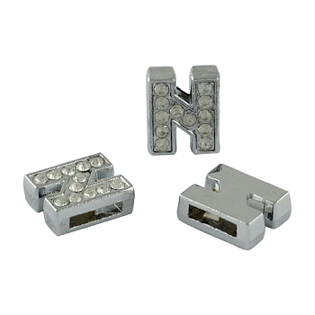 Alloy Initial Slide Charms with Grade A Rhinestones, Lead Free & Nickel Free, Platinum, Letter.N, 12~13x8~13x4~5mm, Hole: 8x2mm