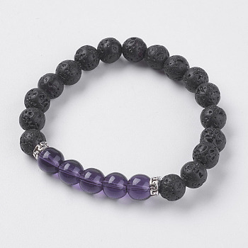 Natural Lava Rock and Natural Amethyst Beads Stretch Bracelets, with Alloy Finding, 2 inch(52mm)