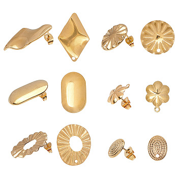 304 Stainless Steel Stud Earring Findings, with Ear Nuts/Earring Backs, Mixed Shapes, Golden, 17mm, Hole: 1.8mm, Pin: 0.7mm