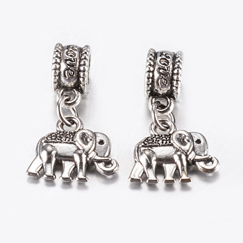 Tibetan Style Alloy European Dangle Charms, Large Hole Pendants, Elephant, Antique Silver, 22mm, Pendant: 12x14x3mm, Hole: 4.5mm