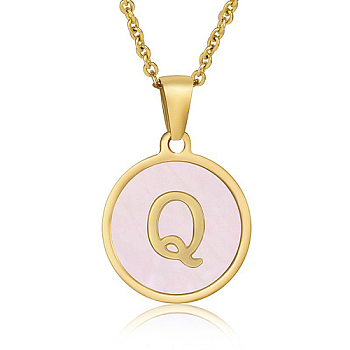 Natural Shell Initial Letter Pendant Necklace, with Golden Stainless Steel Cable Chains, Letter Q, 17.72 inch(45cm)