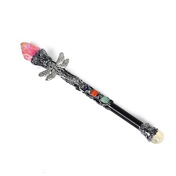 Natural Quartz & Metal Dragonfly Magic Wand, Wood Cosplay Magic Wand, for Witches and Wizards, Coral, 265mm