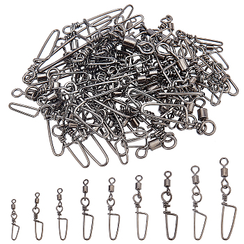 SUPERFINDINGS 90Pcs 9 Style Brass Fishing Snaps Swivels, Rolling Swivels with Snap, with Stainless Steel Finding, Gunmetal, 25~51mm, Hole: 1.2~3.5mm, 10pcs/style