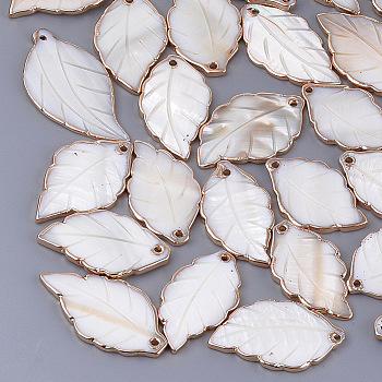 Electroplate Freshwater Shell Pendants, Leaf, Seashell Color, 34~45x19~24x3mm, Hole: 1.8mm