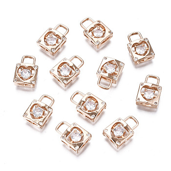 Brass Micro Pave Clear Cubic Zirconia Charms, Long-Lasting Plated, Cadmium Free & Lead Free, Lock with Heart, Light Gold, 12x8x3.5mm, Hole: 3.5x3mm