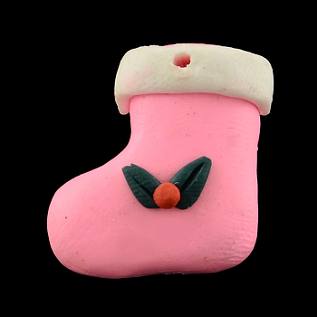 Handmade Polymer Clay Pendants, Christmas Shoes, Pink, 21mm long, 20mm wide, 9mm thick, hole: 1.5mm