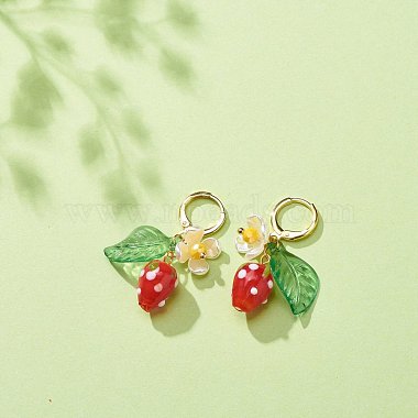 Lampwork Strawberry with Plastic Pearl Flower Dangle Leverback Earring(EJEW-TA00130)-3