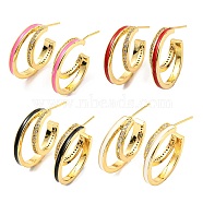 Enamel Round Stud Earrings with Cubic Zirconia, Real 18K Gold Plated Brass Half Hoop Earings, Cadmium Free & Lead Free, Mixed Color, 23x6mm(KK-C026-10G)