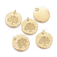 Ion Plating(IP) 304 Stainless Steel Pendants, with Jump Rings, Textured, Flat Round with Dry Tree, Golden, 19x1mm, Hole: 3.4mm(STAS-F256-004G)