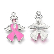 Breast Cancer Awareness Ribbon with Angel Wing Platinum Color Pearl Pink Alloy Rhinestone Enamel Pendants, 23.5x15x2mm, Hole: 1.5mm(X-ENAM-D001-2)