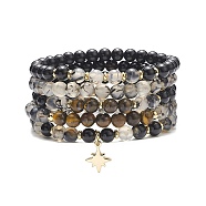 5Pcs 5 Style Natural Mixed Gemstone Round Beaded Stretch Bracelets Set, Brass Star Charms Stackable Bracelets for Women, Inner Diameter: 2 inch(5.1cm), 1Pc/style(BJEW-JB08829)